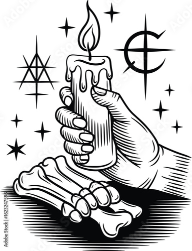 Hand holding lit candle with skeleton hand and occult symbols
