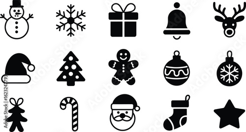 Collection of classic christmas icons in black and white silhouette
