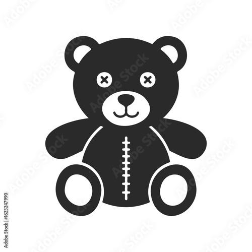Black and white teddy bear icon with stitched design and button eyes