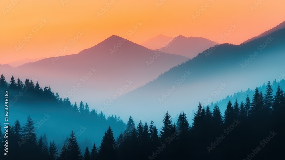 Obraz premium A serene mountain landscape at sunset, featuring layered peaks and a forest of pine trees shrouded in mist, bathed in warm hues of orange and blue.