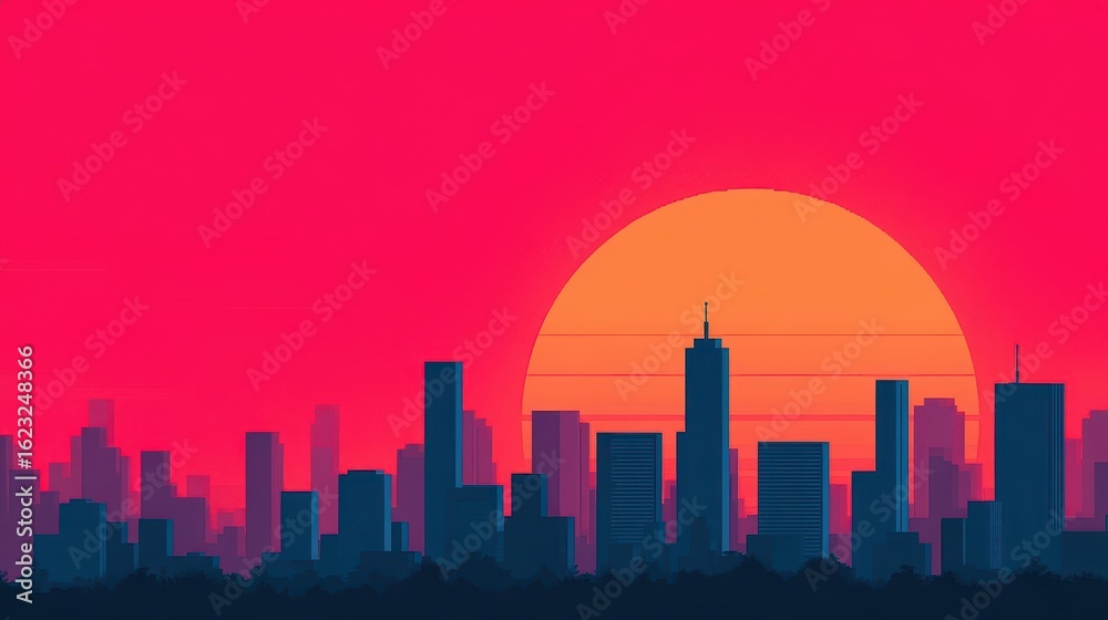 Fototapeta premium A vibrant city skyline at sunset with a large sun and vivid pink sky, showcasing silhouettes of buildings against a colorful backdrop.