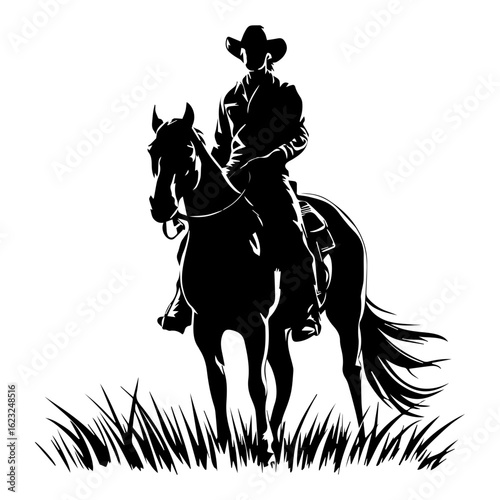 Vector silhouette of a cowboy riding a horse on grass isolated on white