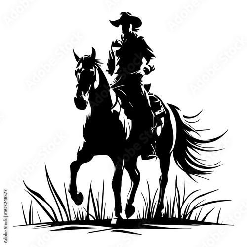 Vector silhouette of a cowboy riding a horse on grass isolated on white