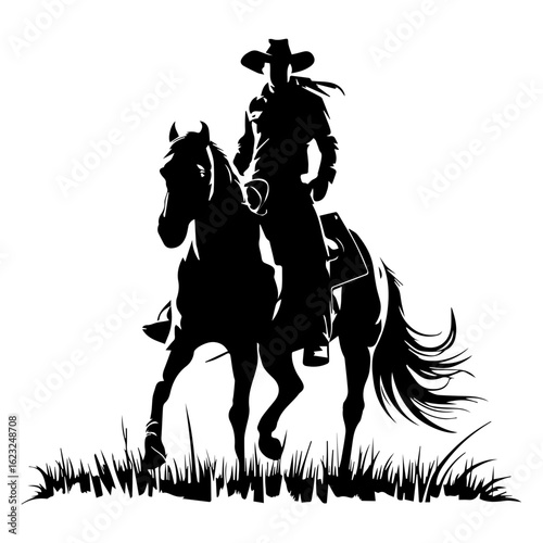 Vector silhouette of a cowboy riding a horse on grass isolated on white