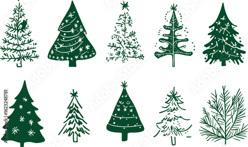Collection of ten diverse hand drawn green christmas trees with festive decorative elements and varying textures