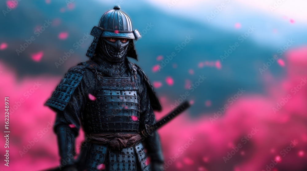 Fototapeta premium A striking warrior in traditional armor stands against a backdrop of swirling pink petals, evoking a sense of historical elegance and mystique.