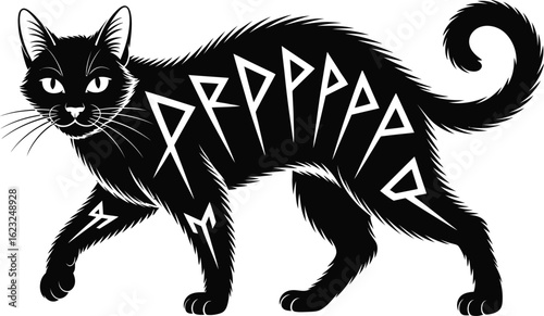 Black cat with runes on its body feline animal