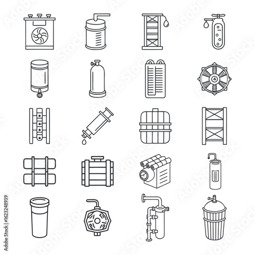 20 Pipe Filter & Fluid Control Equipment Line Icons – Minimal Industrial Vector Set.

