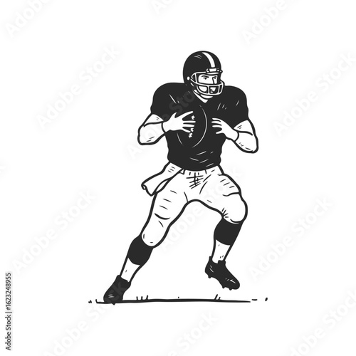 Male caucasian adult football player in action holding ball in black uniform