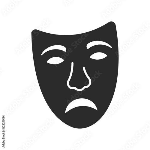 Black tragedy mask icon with downturned expression on white background