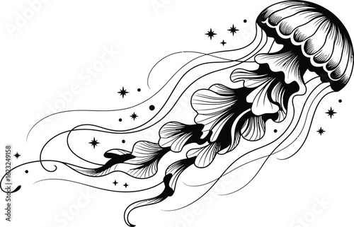 Black and white illustration of a jellyfish with flowing tentacles