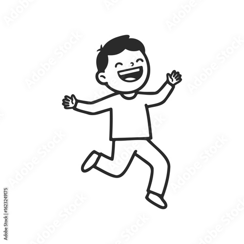 Happy cartoon boy jumping cheerfully in black and white line art
