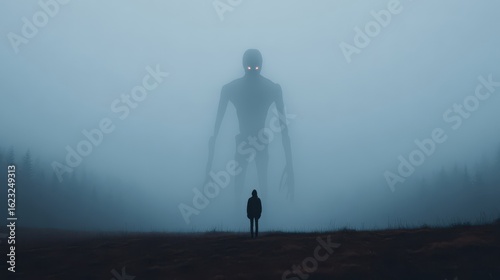 A lone figure stands in a misty landscape, gazing up at a towering, shadowy giant with glowing eyes, creating an eerie and surreal atmosphere.