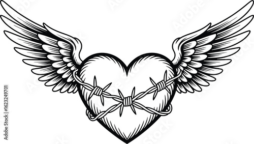 Heart With Wings And Barbed Wire Tattoo Design