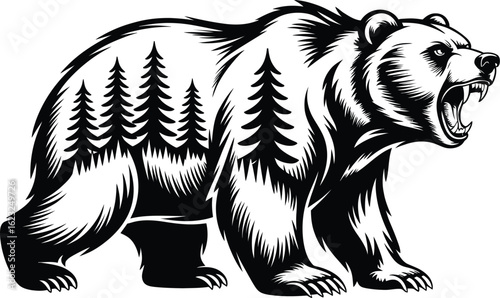 Grizzly Bear With Pine Trees Illustration animal wildlife