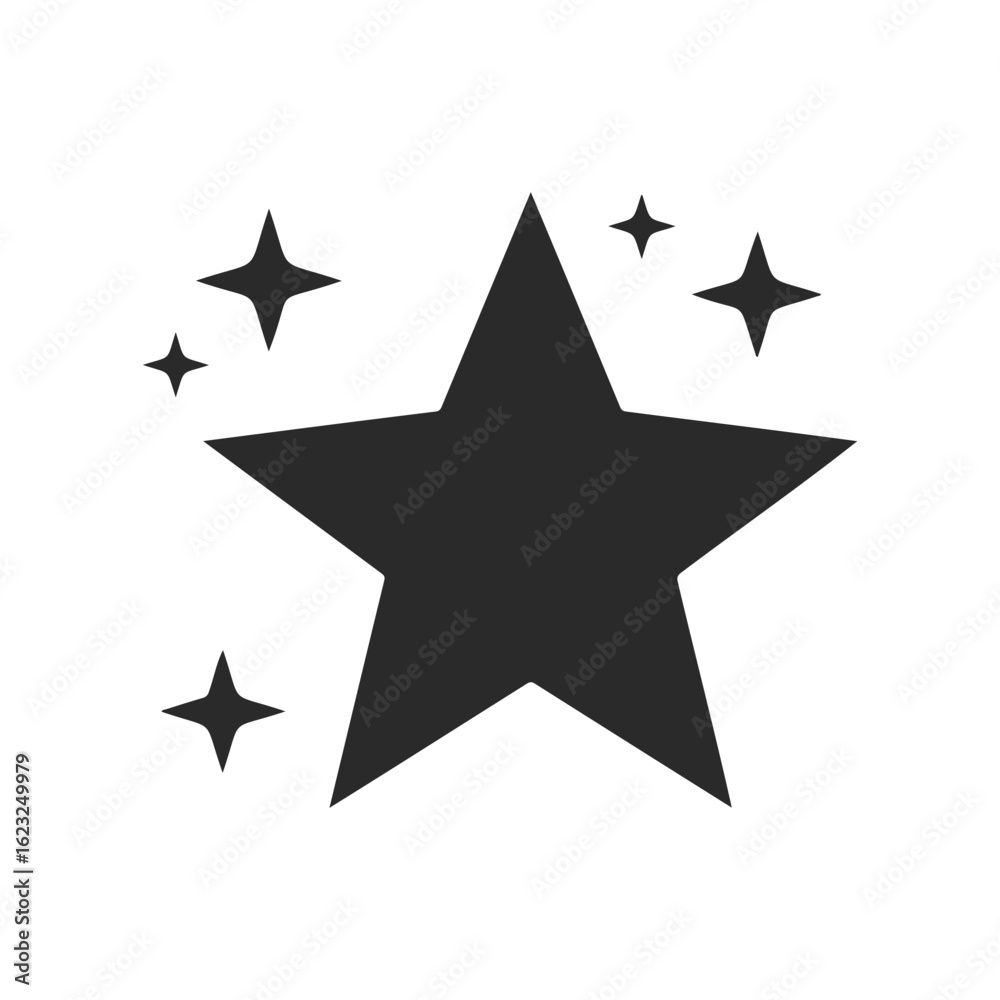 Obraz premium Black star with sparkling surrounding stars on white background
