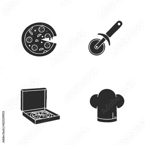 Pizza icons: sliced pizza, cutter, box, chef hat
