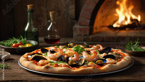 Freshly baked pizza with assorted seafood including shrimp and calamari, on a crispy golden crust.