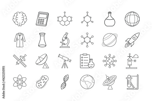 Science Icon Set. Laboratory, research, biology, chemistry, microscope, rocket, DNA, planet, molecular structure, atom, satellite, telescope, and more. Editable stroke. Vector illustration.