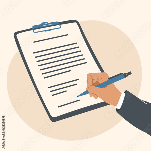 Hands hold a pen and write on paper. A person writes a letter, signs a document. The concept of an agreement, notarization of a document, signing a contract. Vector illustration in flat style. 
