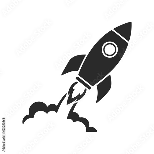 Black rocket icon silhouette with smoke trail on white background