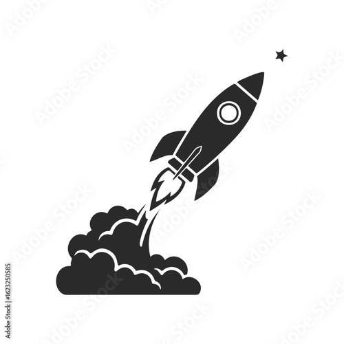 Black rocket silhouette launching into space with smoke trail and star