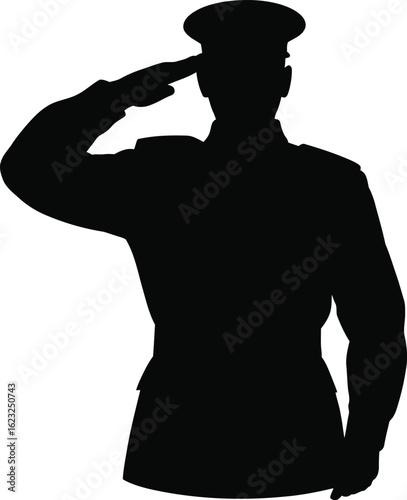Silhouette of a soldier in uniform saluting with respect and honor