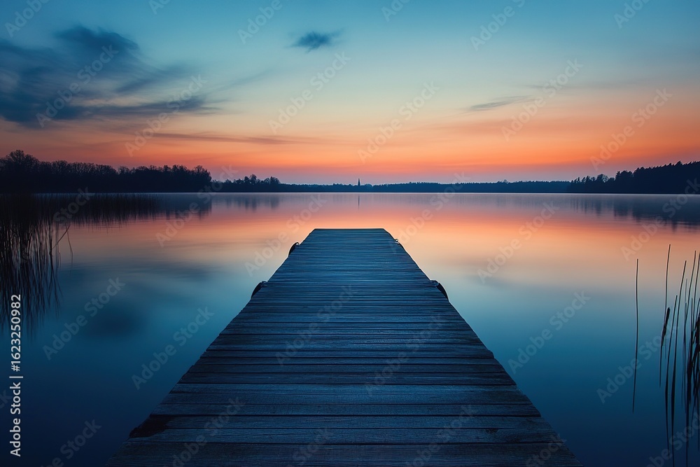 Fototapeta premium serene meditation on a pier stretching into a calm lake at twilight