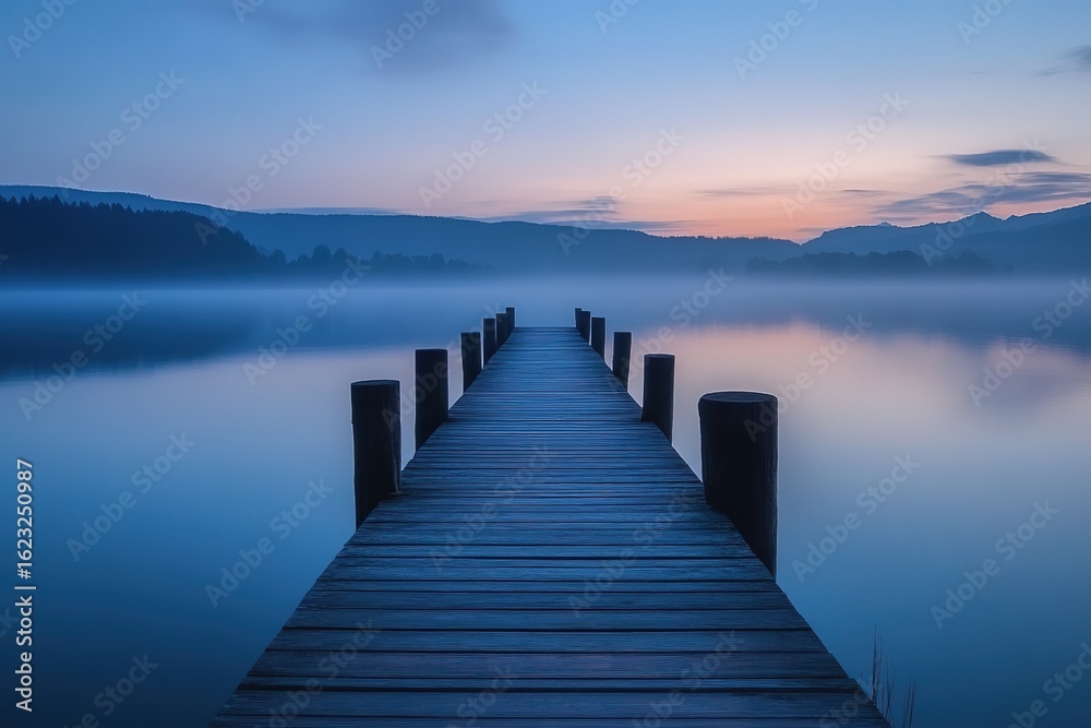 Obraz premium serene meditation on a pier stretching into a calm lake at twilight