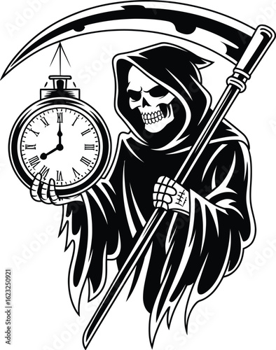 Grim Reaper holding a pocket watch and scythe death