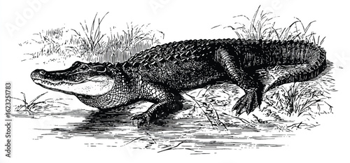 Detailed illustration of a formidable alligator resting in the water amidst lush vegetation a vintage reptile depiction