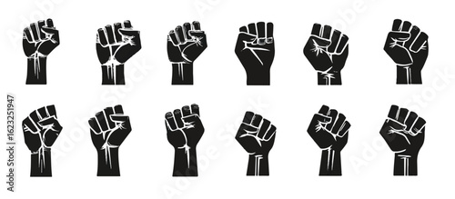 Diverse Group of Black Power Fists Raised in Solidarity Symbolizing Unity and Resistance Vector Illustration