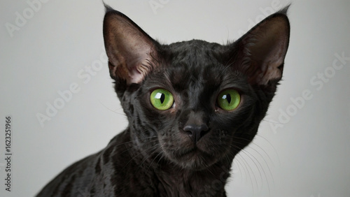 Stylish portrait of a Devon Rex cat with big eyes and soft curls, photographed in studio.