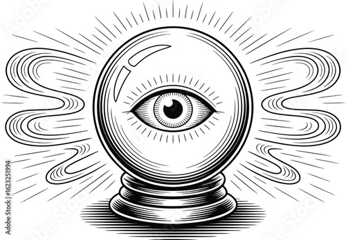 Crystal ball with an all-seeing eye and radiating light