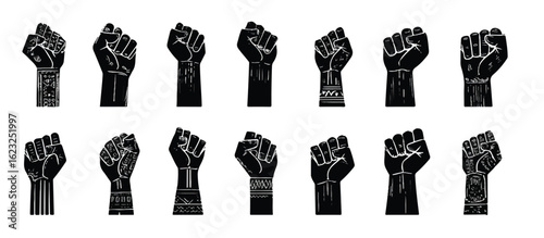 Diverse Black Fists Raised in Solidarity and Protest Illustration Representing Black Power and Unity across Cultures and Communities