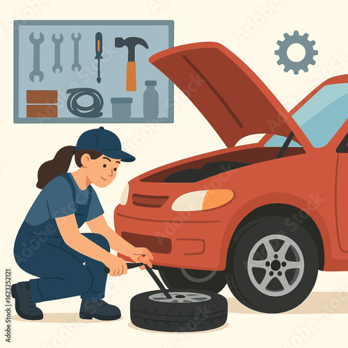 Woman Mechanic Changing Car Tire Illustration