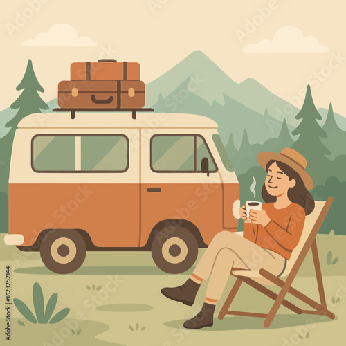 Woman Enjoying Coffee by Vintage Camper Van in Nature