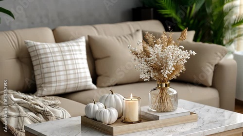 Cozy autumn home decor with white pumpkins, a candle, and dried flowers on a marble table in a warm living room setting