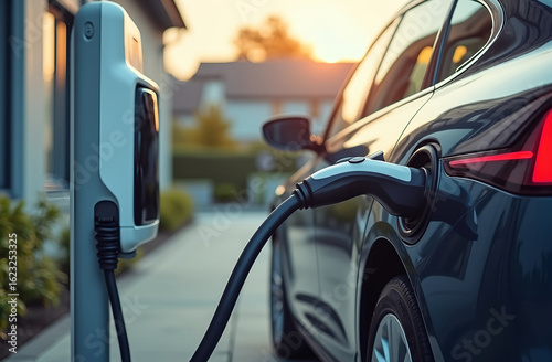 Electric battery car charge at EV station. concept of EV car and home charging station. Electric car charging. Electric car with a connected charging cable. Charging point