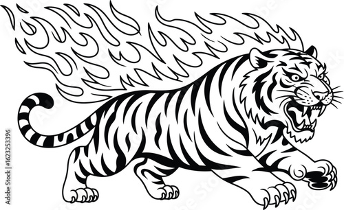 Fierce tiger with flames on its back big cat feline