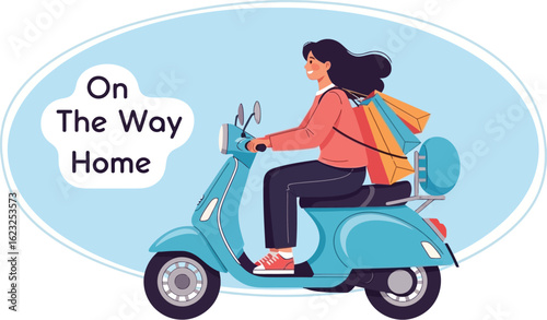 Woman riding scooter with shopping bags on the way home, lifestyle