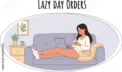 Woman with laptop on sofa, enjoying coffee and online shopping