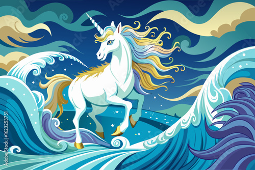 vector of A mythical creature of a white unicorn galloping through the waves of the sky.