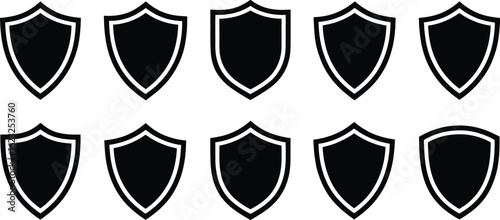 Collection of ten identical black heraldic shields on a white background