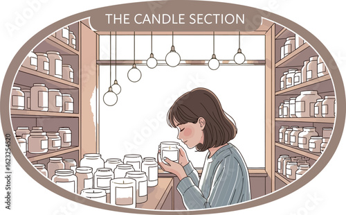 Woman smelling candle in shop with shelves full of candles