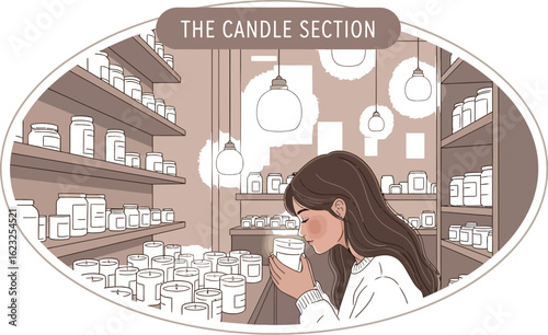 Woman Smelling Candle in Store with Shelves and Hanging Lights