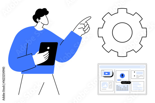 Man holding tablet, pointing at gear and digital data dashboard. Ideal for technology, data analysis, automation, management, education, innovation teamwork. Simple flat metaphor
