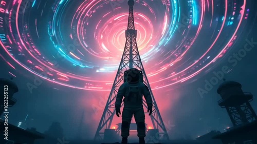 Silhouettes of an astronaut standing in front of a tower