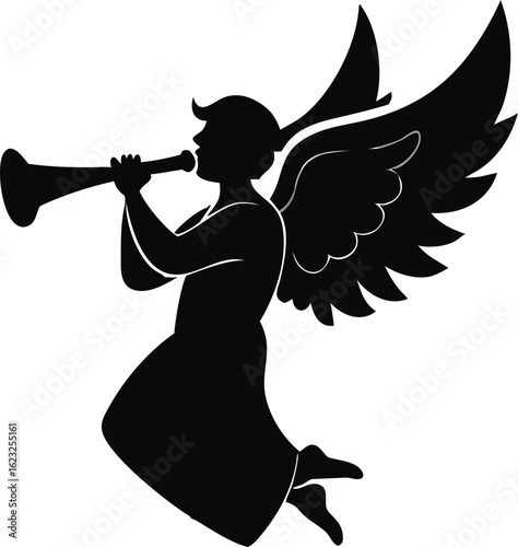 Mystical glowing angel figure with trumpet in a starry night sky isolated on white background isolated on transparent background