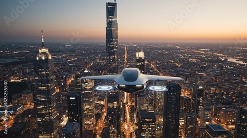Personal Flying Car Launching from Urban Pad at Dusk